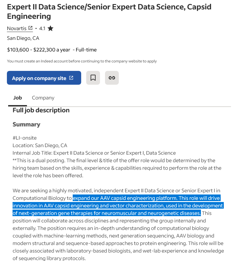 BiotechAnalysst's tweet photo. $NVS hiring to expand AAV #capsid #engineering platform. This role will drive innovation in AAV capsid engineering and vector characterization, used in the development of next-generation #gene #therapies for #neuromuscular and #neurogenetic diseases.
re $SGMO + Roche STAC-BBB https://t.co/2V69Ko7gXC