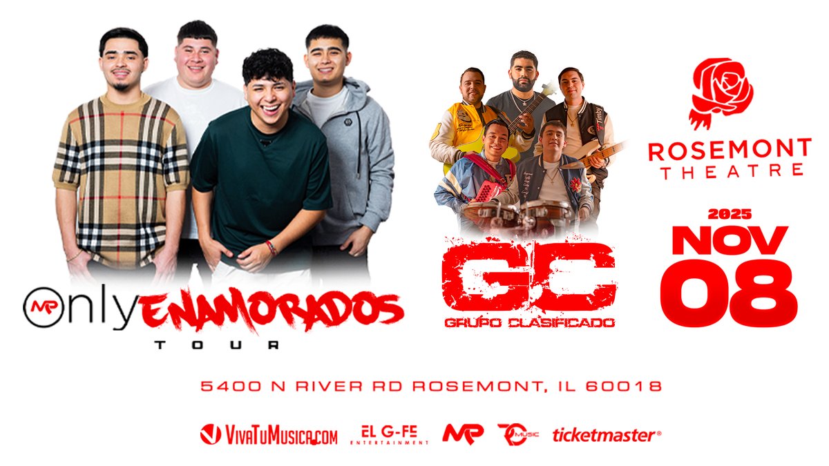 Get ready, Rosemont! 🔥 Marca MP brings the OnlyEnamorados Tour to the Rosemont Theatre on Saturday, Nov 8! 🎶 It’s going to be a night full of passion, música y emoción! 💘 #MarcaMP #RosemontTheatre #OnlyEnamoradosTour