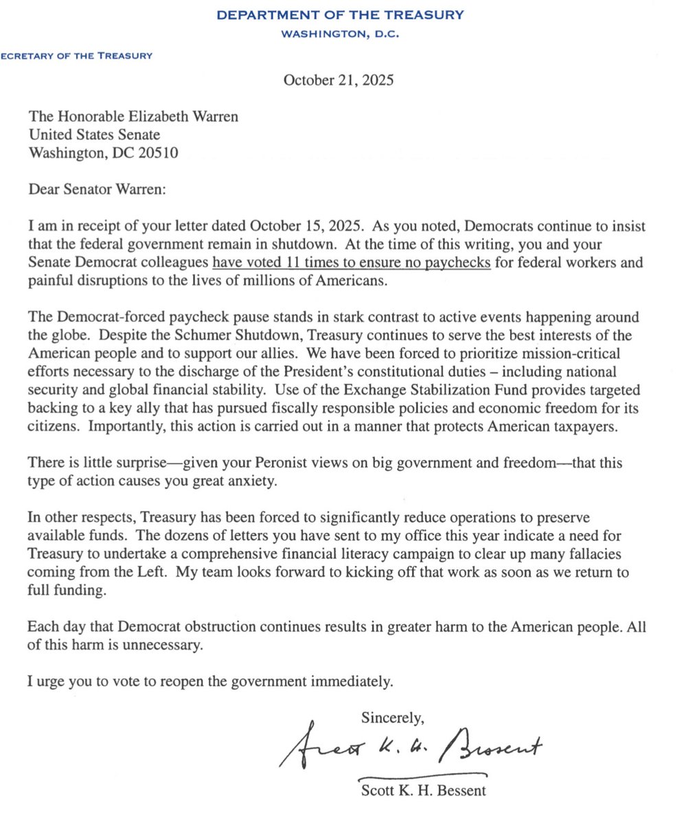 BrendanPedersen's tweet image. Treasury Secretary Bessent responds to a letter from Sen. Warren (D-Mass.) about the Argentina bailout with his own, which at one point tells the Massachusetts Democrat she has “Peronist views” 

also says Treasury will continue to use the ESF for “targeted backing”