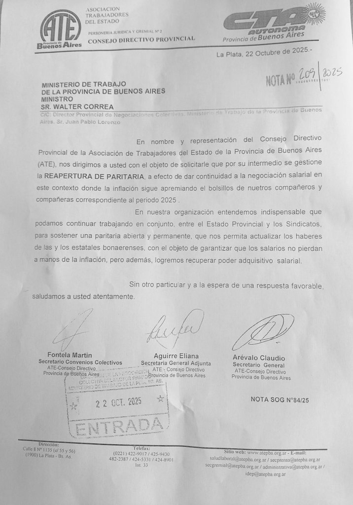 ATE solicitó la reapertura de la paritaria