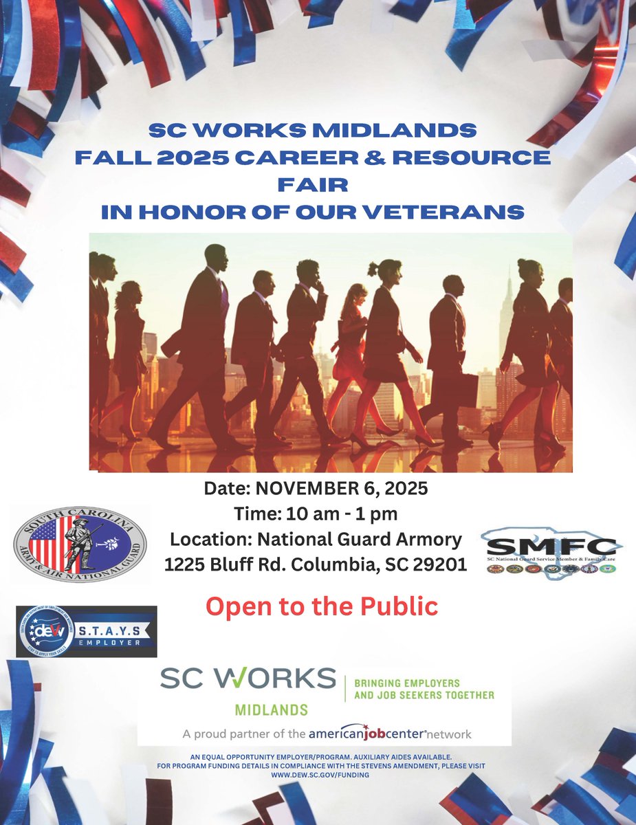 Join us in supporting SC Works Midlands’ Fall 2025 Career &amp; Resource Fair in Honor of Our Veterans on Thursday, November 6, from 10 a.m. to 1 p.m. at the National Guard Armory (1225 Bluff Rd, Columbia.)

Open to the public, this event celebrates the service of our veterans while