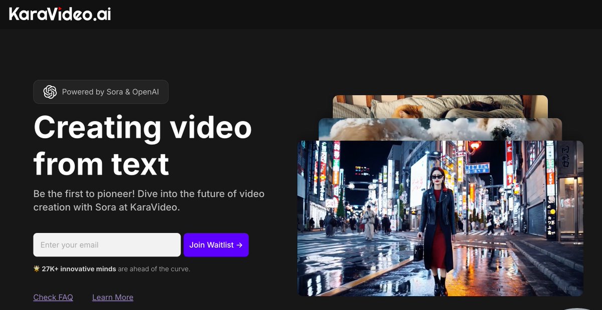 jackcoder0's tweet image. 10/ 🎬 <a style="text-decoration: none;" rel="nofollow" target="_blank" href="http://KaraVideo.ai">KaraVideo.ai</a>  - Get Sora Early Access, Runway Gen 3, Luma AI all in one platform.
🆙 Join the waitlist → 
→ Creating video from text, Be the first to pioneer! Dive into the future of video creation with Sora at KaraVideo.