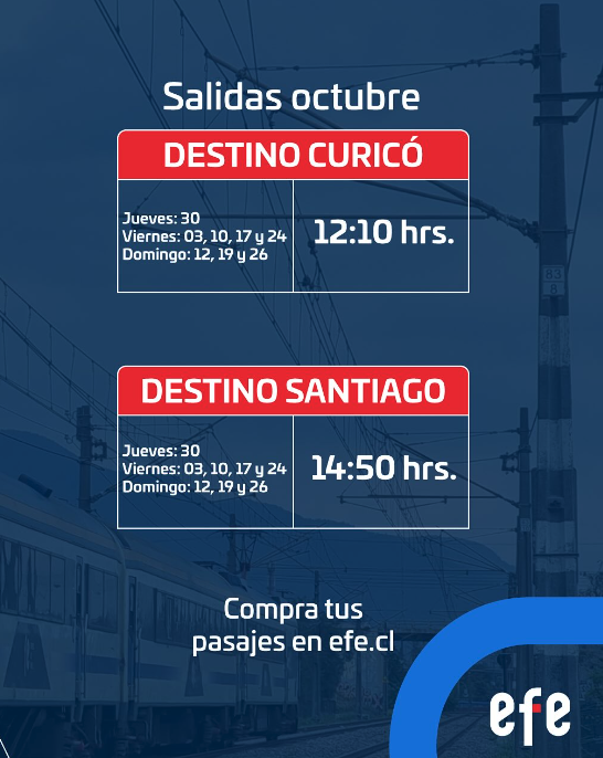 Octubre reforzado!😇

En Octubre comienzan nuevos servicios #Curicó y al mejor precio.

📅Aprovecha los jueves y domingos para acceder a un viaje con buenos precios y hecho a tu medida. 🫶🏻

¡Nos vemos en Curicó, nos vemos en el tren!🚆

Compra tu pasaje en ventaonline.trencentral.cl
