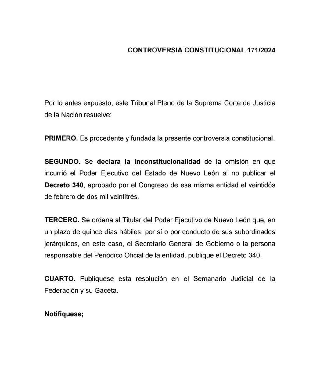 La publicación del Decreto 340, que <a href="/samuel_garcias/">Samuel García</a> ha intentado evitar con vetos, amparos y acciones de inconstitucionalidad, está por decidirse en la Corte.

De aprobarse el proyecto, el Gobernador perdería varias facultades constitucionales.

👉🏽 elnorte.com/FweNen