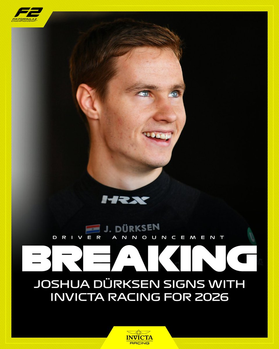 Formula2's tweet image. BREAKING: Joshua Duerksen joins @InvictaRacing for 2026! 👊
The Paraguayan driver signs with the reigning teams' champions for his third F2 season! 😏
#F2 #RoadToF1