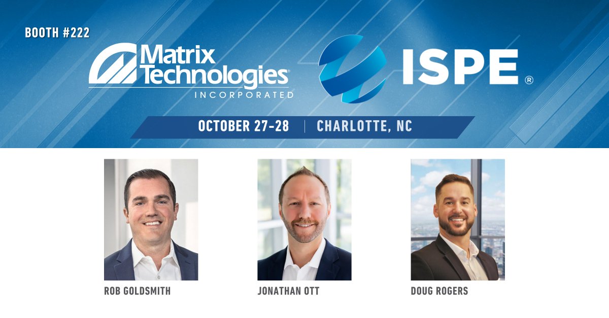 MatrixTechInc's tweet image. We’re excited to be heading to the ISPE Annual Meeting & Expo, in Charlotte, NC next week! Stop by booth #222 to connect with our team and see how Matrix Technologies can support you. #MatrixTech