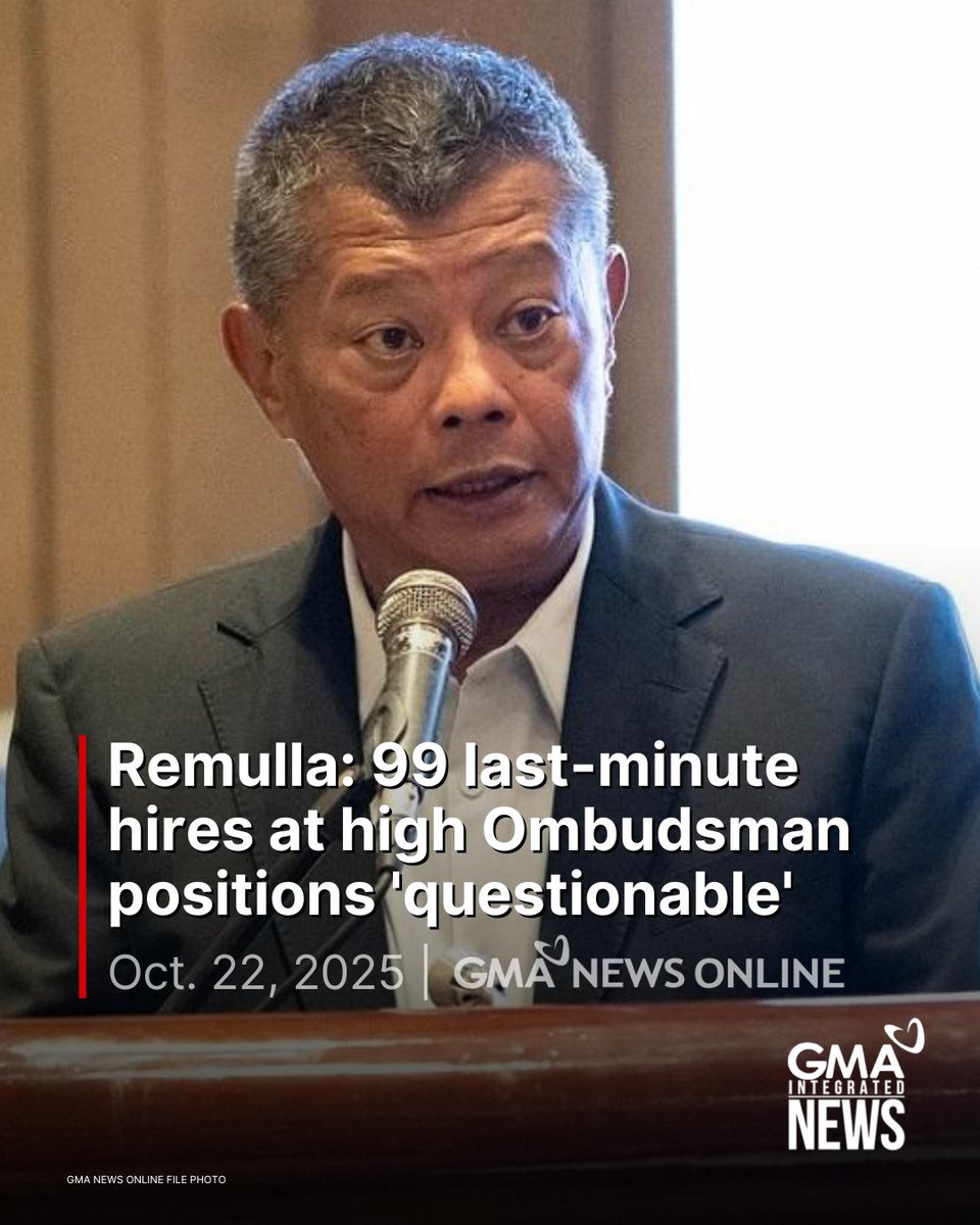 gmanews's tweet image. Ombudsman Jesus Crispin Remulla on Wednesday said 99 of 204 last-minute hires of the Office of the Ombudsman are currently occupying high-level posts in his office, noting that the hiring strategy is definitely questionable.
The Ombudsman said his office has issued a memorandum…