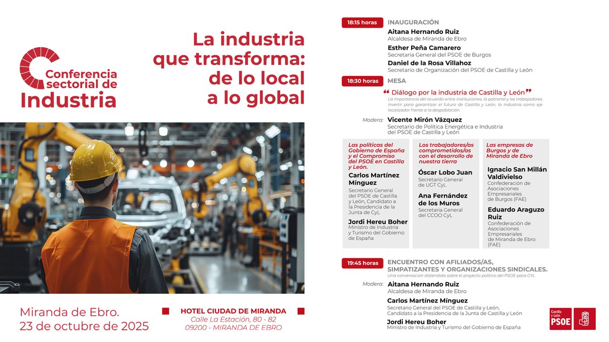 'La industria que transforma: de lo local a lo global'.

🔴 Con el ministro <a href="/jordihereub/">Jordi Hereu</a> y <a href="/cmmsoria/">Carlos Martínez Mínguez / ❤️</a>.

📝 Te dejamos el programa de la sectorial de Industria que organizamos hoy en Miranda de Ebro (Burgos).

#AtréveteAlCambio