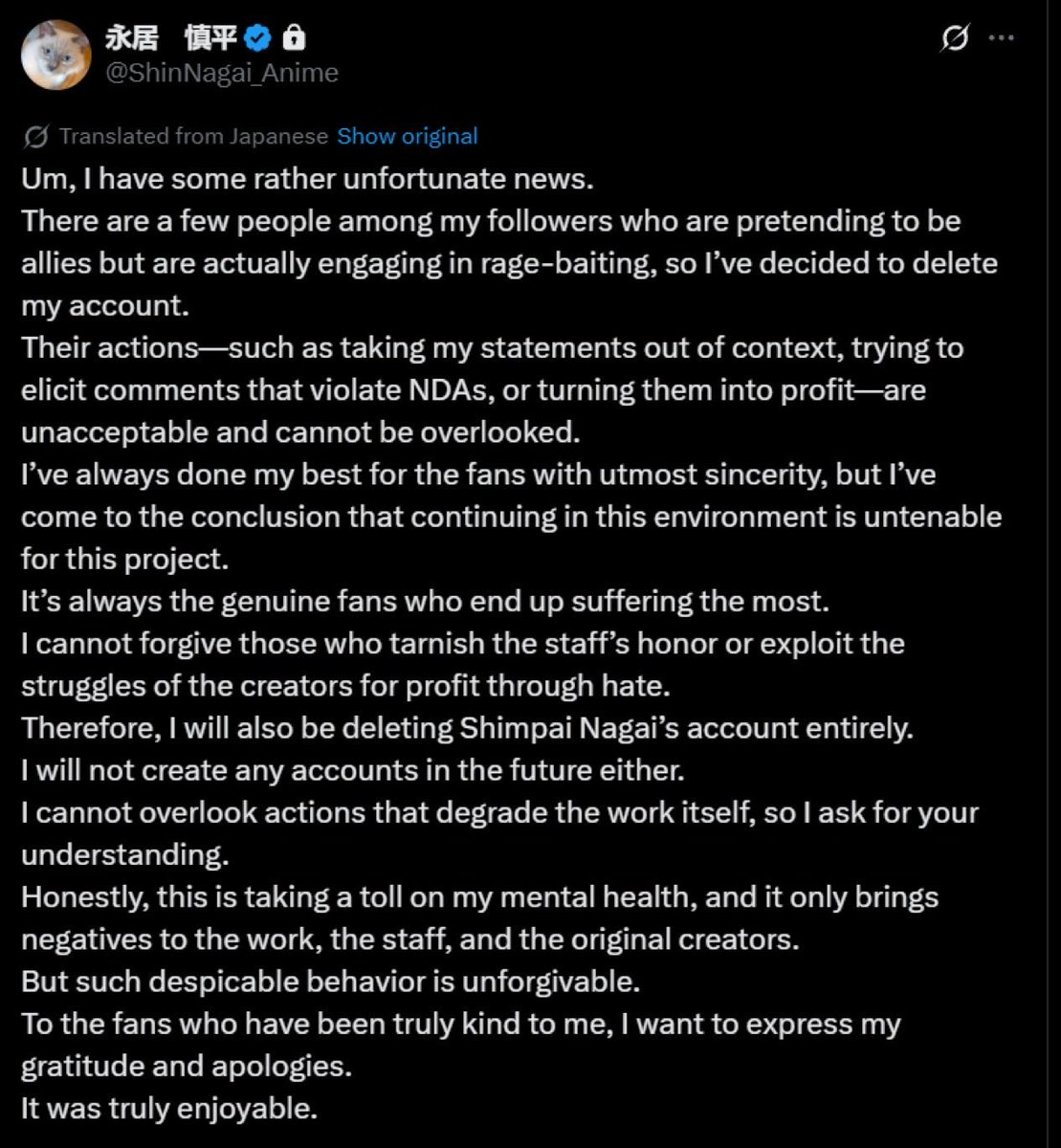 Man I really hope y’all are proud of yourselves. Saying it’s all criticism as free rein to harass the staff. Y’all think this’ll give you a better anime but it won’t. 

The reason why we’re with JC staff in the first place is because no one wanted to animate One Punch Man.