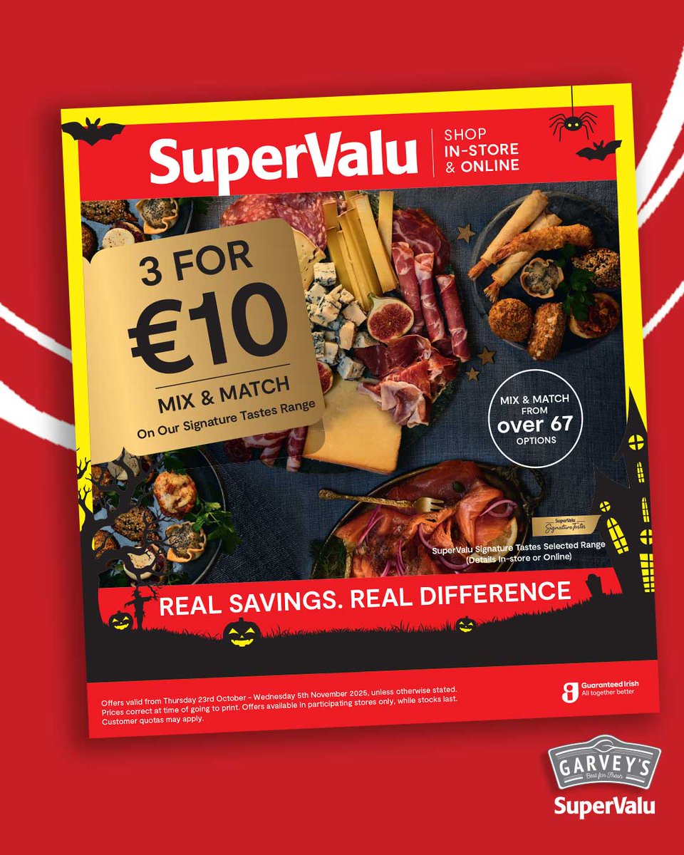 🎃🦇 REAL SAVINGS. REAL DIFFERENCE 🦇 🎃

Call in for our latest special offers in store now!
📲 supervalu.ie/offers/leaflet…

Offers valid Thurs 23rd October to Wed 05th November 2025, unless otherwise stated. #GarveysSuperValu #Cobh