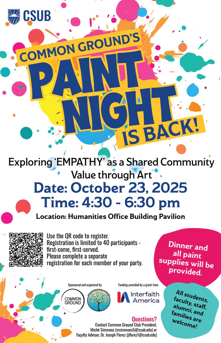 CSUBAH's tweet image. 🎨 Paint Night is back! Join Common Ground on Oct. 23, 4:30–6:30 PM at the Humanities Office Building Pavilion to explore “Empathy” through art.

Scan the code to register!

🍽️ Dinner &amp;amp; supplies provided 

#CSUB #AH #KernCountysUniversity #PaintNight