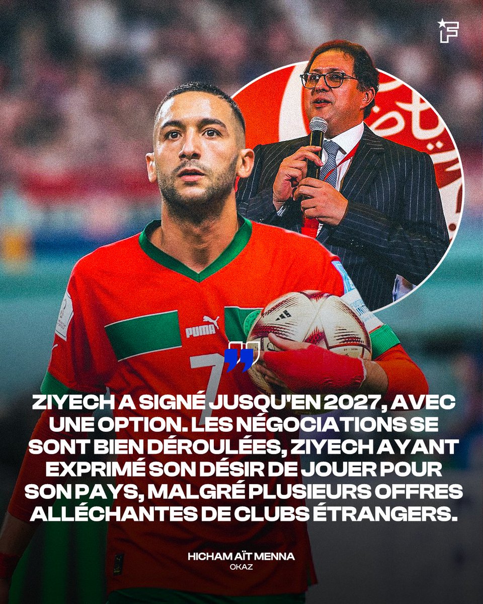 « 𝙕𝙞𝙮𝙚𝙘𝙝 𝙖 𝙚𝙭𝙥𝙧𝙞𝙢𝙚́ 𝙨𝙤𝙣 𝙙𝙚́𝙨𝙞𝙧 𝙙𝙚 𝙟𝙤𝙪𝙚𝙧 𝙥𝙤𝙪𝙧 𝙨𝙤𝙣 𝙥𝙖𝙮𝙨, 𝙢𝙖𝙡𝙜𝙧𝙚́ 𝙥𝙡𝙪𝙨𝙞𝙚𝙪𝙧𝙨 𝙤𝙛𝙛𝙧𝙚𝙨 𝙖𝙡𝙡𝙚́𝙘𝙝𝙖𝙣𝙩𝙚𝙨 𝙙𝙚 𝙘𝙡𝙪𝙗𝙨 𝙚́𝙩𝙧𝙖𝙣𝙜𝙚𝙧𝙨 »

Hicham Ait Menna confirme l'arrivée d'Hakim Ziyech.