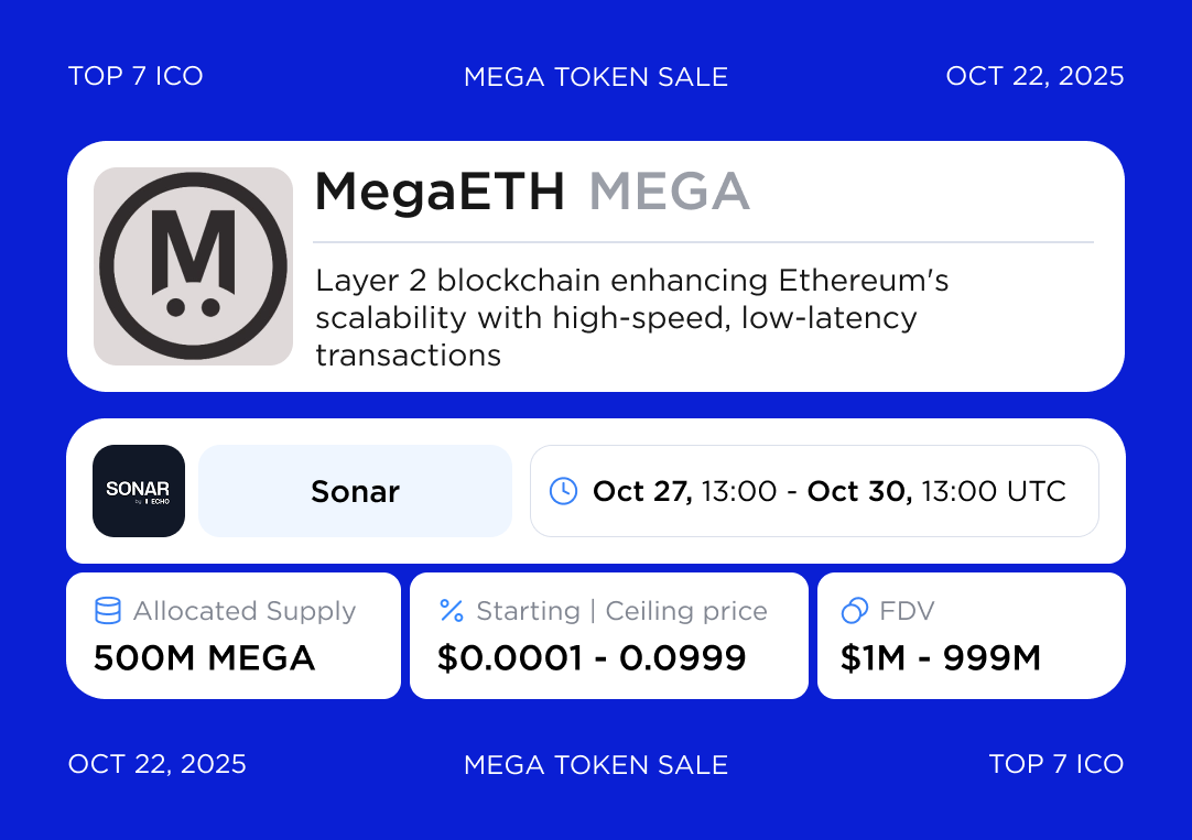 MegaETH [MEGA] Public Token Sale on #Sonar $MEGA public sale is structured  as an English auction and will start at 13:00 UTC on Oct 27, and run for 72  hours. U.S. accredited