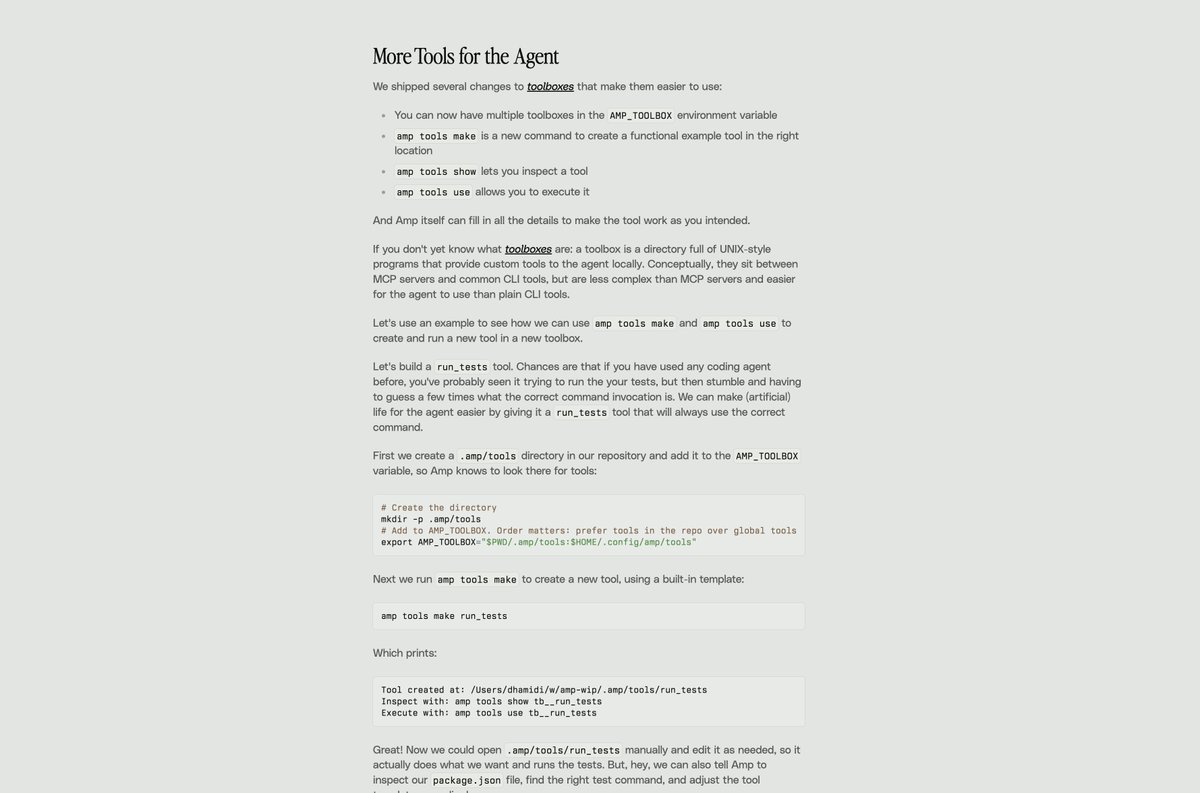 _dhamidi's tweet image. Here's the full post with a walkthrough on how to create a new tool called `run_tests`, all commands and output shown:
ampcode.com/news/more-tool…