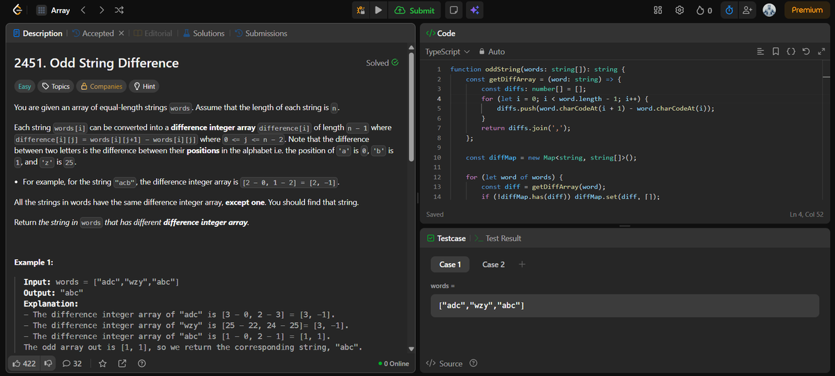 jitesh_mern_dev's tweet image. 🧠 Day 10 of my LeetCode Grind
Today’s problem: Odd String Difference
Used a simple Map to group words by their difference pattern, and the one with a unique pattern gave the answer
#LeetCodeDailyGrind #100DaysOfCode #MERN #JavaScript #ProblemSolving #LeetCode