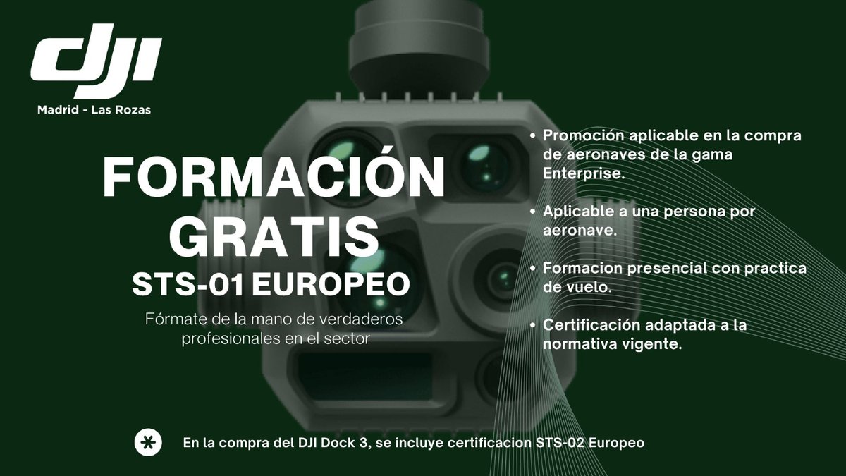 stockrc's tweet image. Promoción EXCLUSIVA en DJI Madrid Las Rozas
¡Formación STS gratis para un piloto con la compra de un dron DJI Enterprise!
ℹ️ tinyurl.com/28c35phj
#djimadrid #djimadridlasrozas #stockrc #dji #djienterprise #ofertasdji #formacionuas #formaciondrones #pilotodedrones