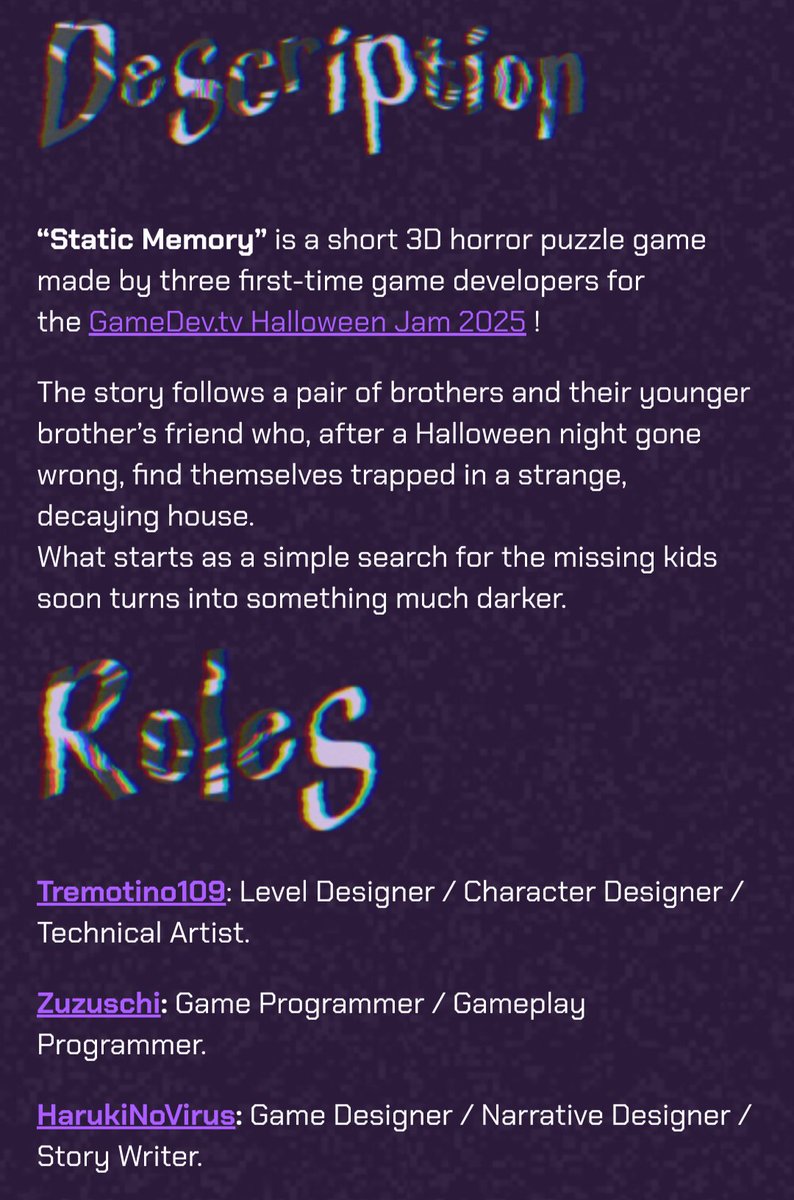 tremotino109's tweet image. &quot;Static Memory&quot; is a game developed for the &quot;GameDev.tv OctoberJam2025&quot;. My very first finished 3D game. If you have the time or desire, go to the game&apos;s Itch.io page and give it a try. It would be appreciated

#gamedev #gamejam #gamedevtv #gamedesign