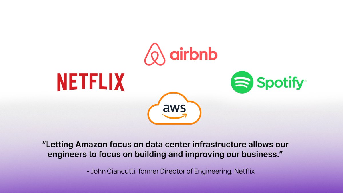 AWS의 이점에 대한 John Ciancutti의 인용문과 Netflix, Airbnb, Spotify, AWS 로고
