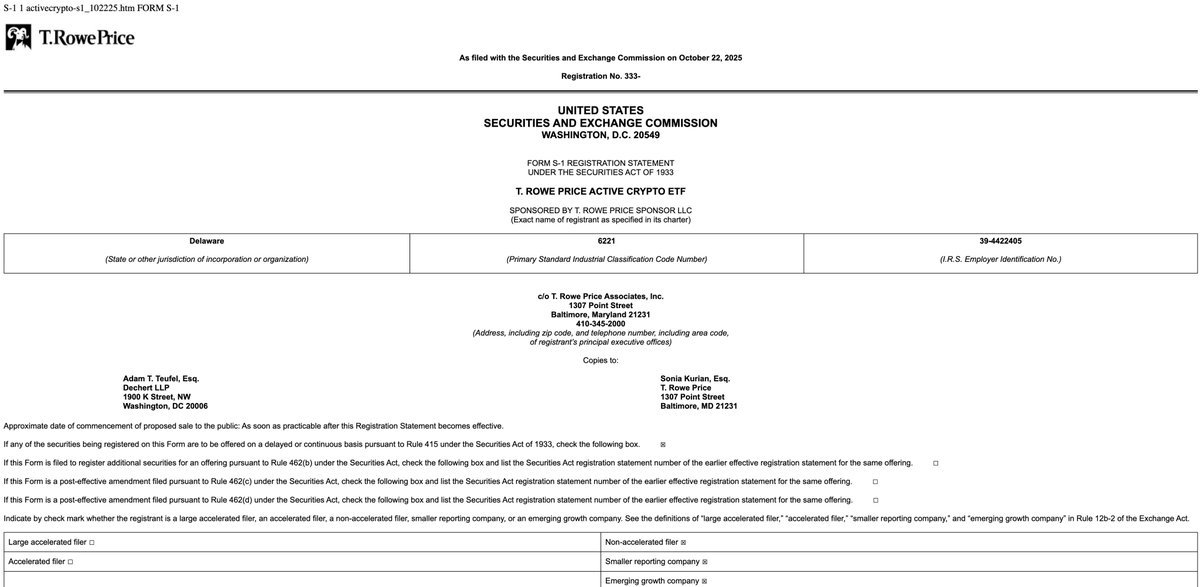 Screenshot of T. Rowe Price Active Crypto ETF S-1 filing