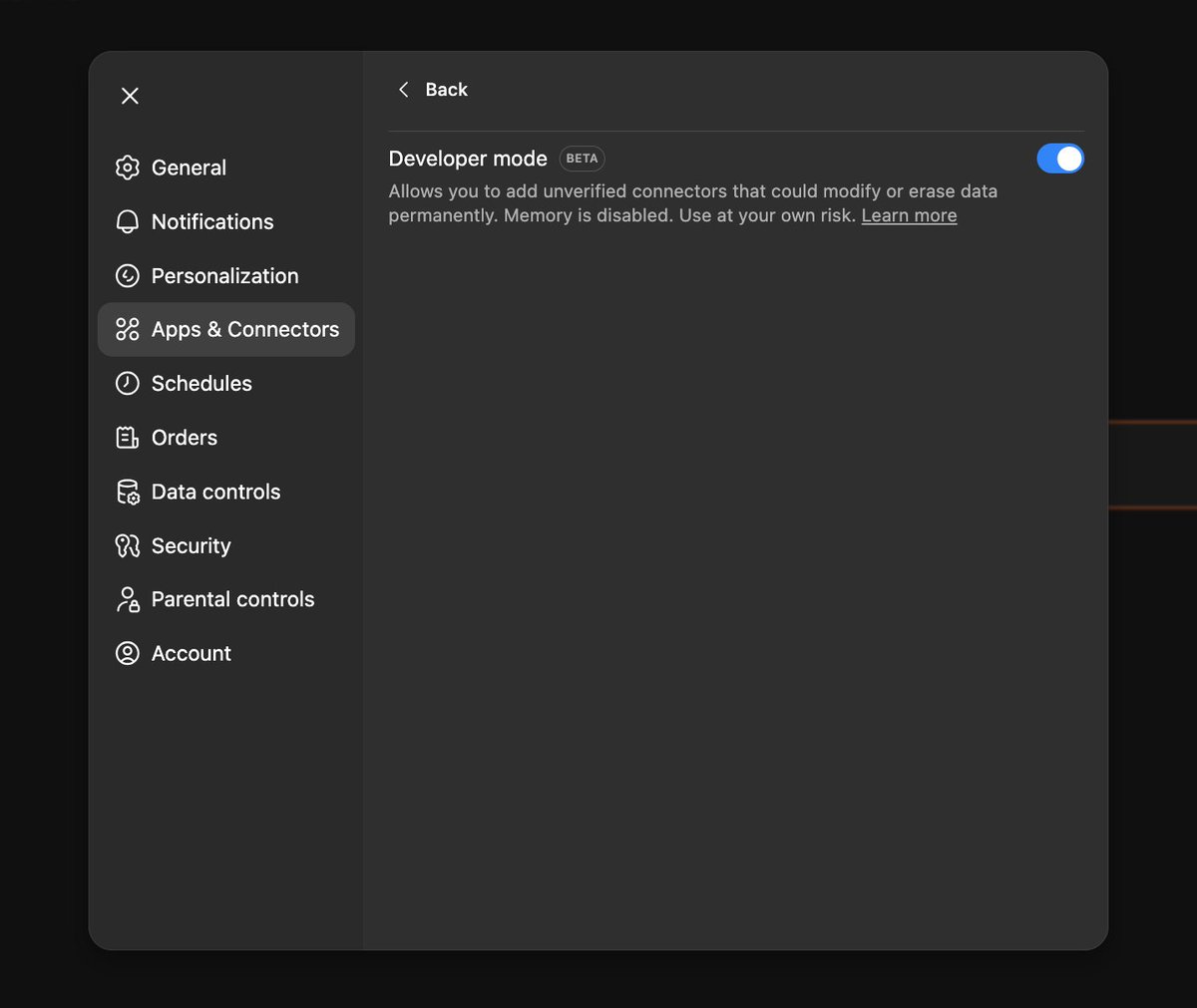 gracelubw's tweet image. Enable Developer mode in Settings, under Apps and Connectors