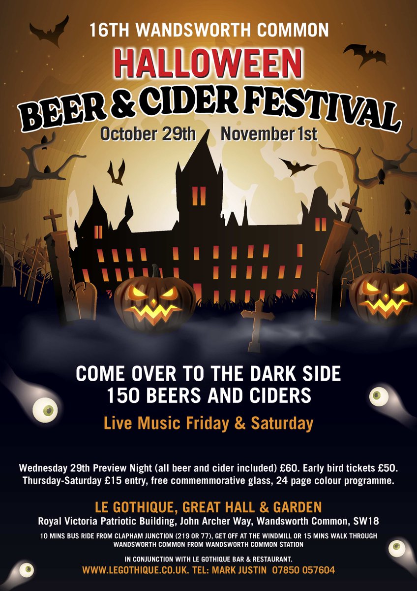 Wandsworth Common Beer &amp; Cider Fest Oct 29th-Nov 1st Just 7 days to go. Beers from 3% to 15% Tickets …rthhalloweenbeer2025.eventbrite.co.uk One off specials&amp; festival favourites <a href="/SambrooksBrew/">Sambrook's Brewery</a> <a href="/Harveys1790/">Harvey's Brewery</a> <a href="/BatterseaBrew/">BatterseaBrewery</a> <a href="/thornbridge/">Thornbridge Brewery</a> <a href="/azvexbrewing/">Azvex Brewing Co. 🍻</a> <a href="/brewyorkbeer/">Brew York</a> <a href="/dropprojectbrew/">Dropprojectbrew</a>