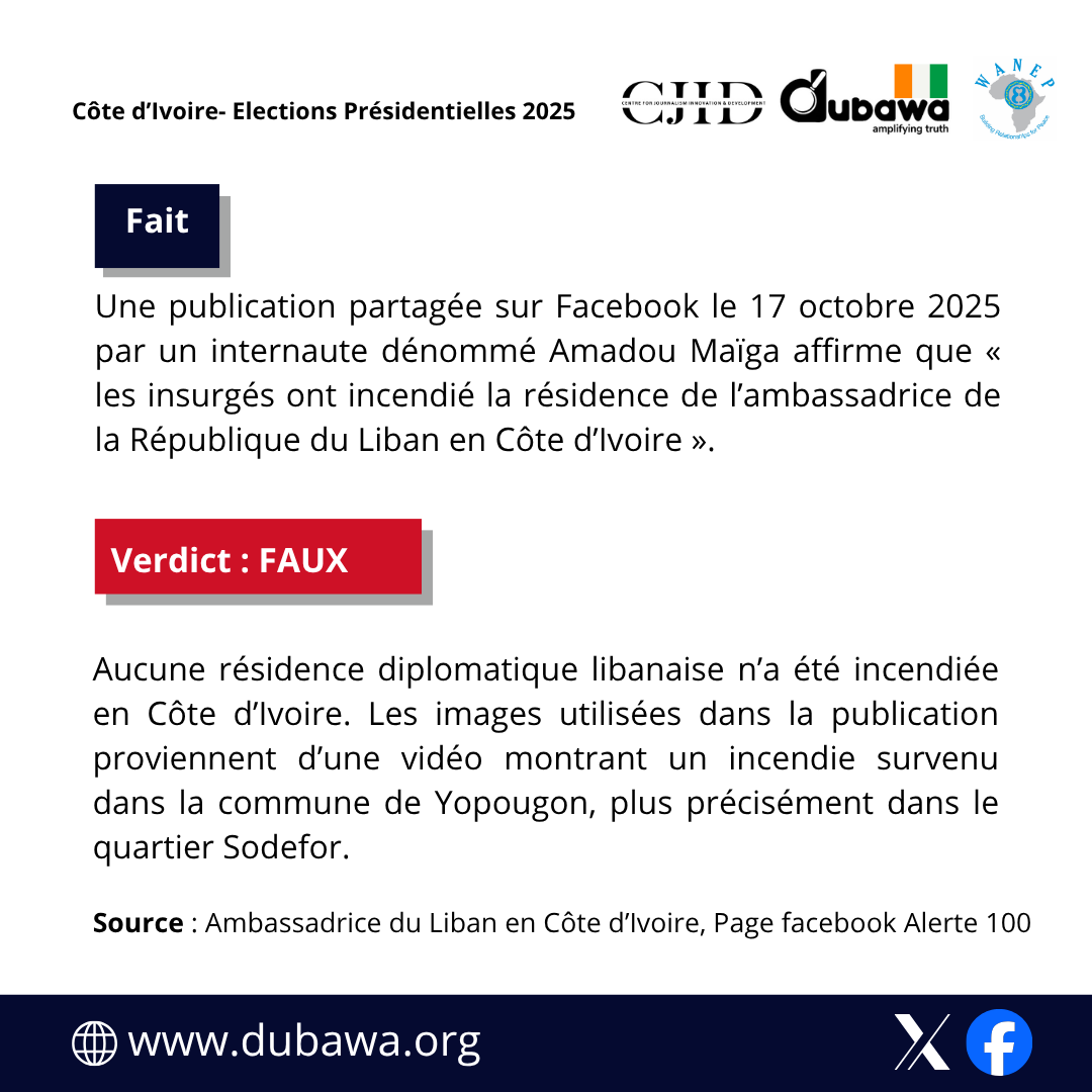 #CotedIvoire
Aucune résidence diplomatique libanaise n’a été incendiée en Côte d’Ivoire.
Les images partagées sur Facebook montrent en réalité un incendie survenu à Yopougon, quartier Sodefor.
#FactCheck #ElectionsCiv2025 <a href="/WANEPCI/">WANEP COTE D'IVOIRE</a> <a href="/WANEP_Regional/">WANEP_Regional</a>