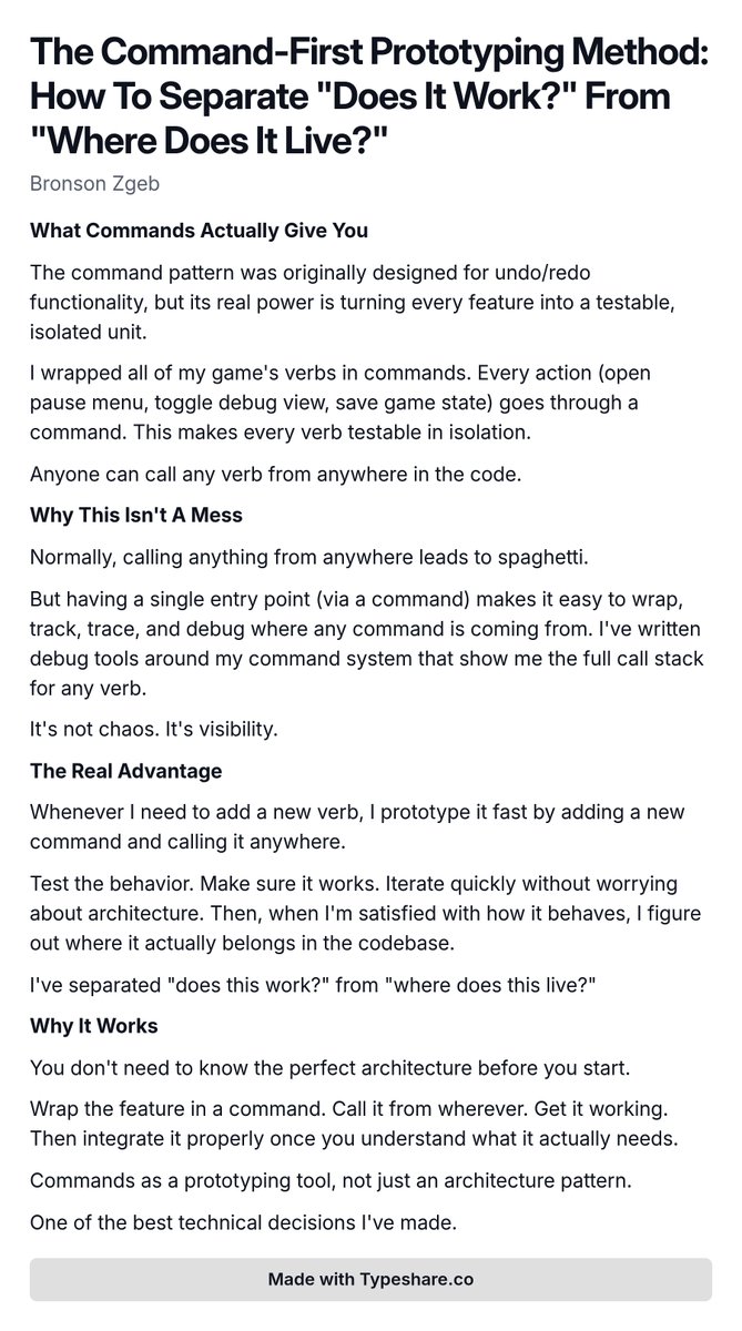 bzgeb's tweet photo. The command pattern was originally designed for undo/redo functionality, but its real power is turning every feature into a testable, isolated unit https://t.co/CyO4h1jr4l