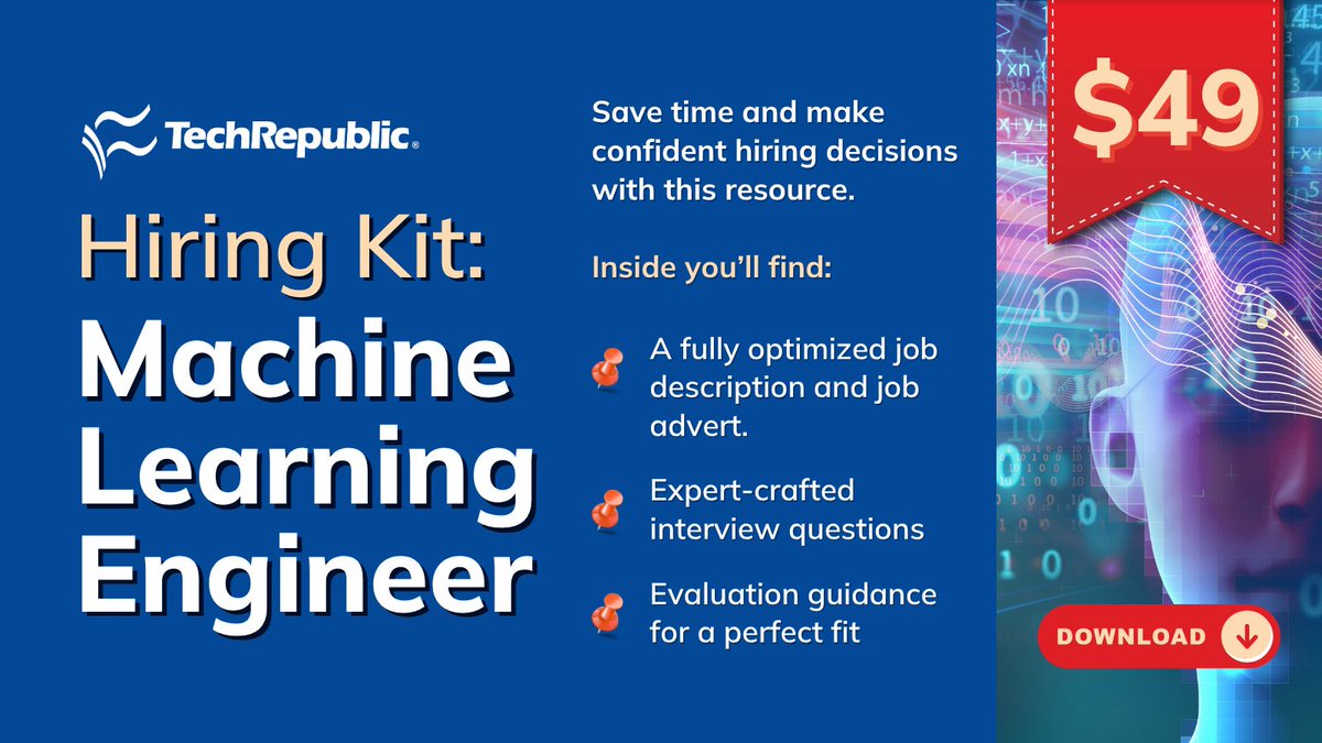 TechRepublic's tweet image. Looking to hire a Machine Learning Engineer? 🤝
Make it easy with our expert-built Hiring Kit — complete with job descriptions, interview questions & more.
📥 Get your copy today: techrepublic.com/resource-libra…
#MachineLearning #Hiring #AI #Recruitment #TechHiring #HRTech