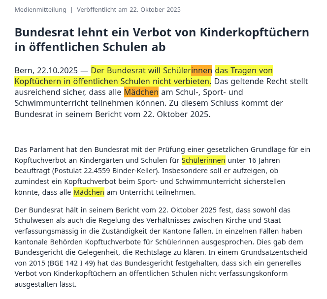 barbouillech's tweet image. &quot;Bundesrat lehnt ein Verbot von Kinderkopftüchern in öffentlichen Schulen ab&quot;
➡news.admin.ch/de/newnsb/Hdhg…

1. Wie hätte man das Kopftuch verbieten können, wenn&apos;s auf der ID erlaubt ist? (siehe unten)
2. Wieso nur für Mädchen? Das ist Diskriminierung aufgrund des Geschlechts.
3.…