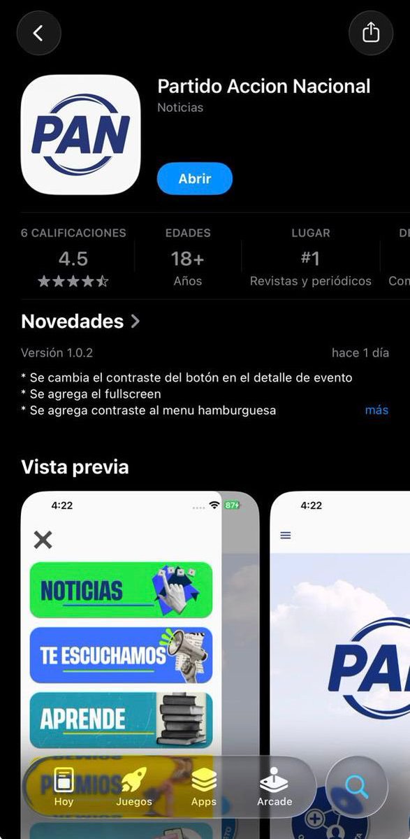 JorgeRoHe's tweet image. Iniciamos el día con muy buenas noticias, amigas y amigos. 👊🏽
A 3 días de haber presentado la APP de @AccionNacional en el marco del #RelanzamientoPAN, hoy ya es #1 en descargas en el rubro de noticias en App Store. 🎉
Descárgala aquí 📲 apps.apple.com/mx/app/partido…
