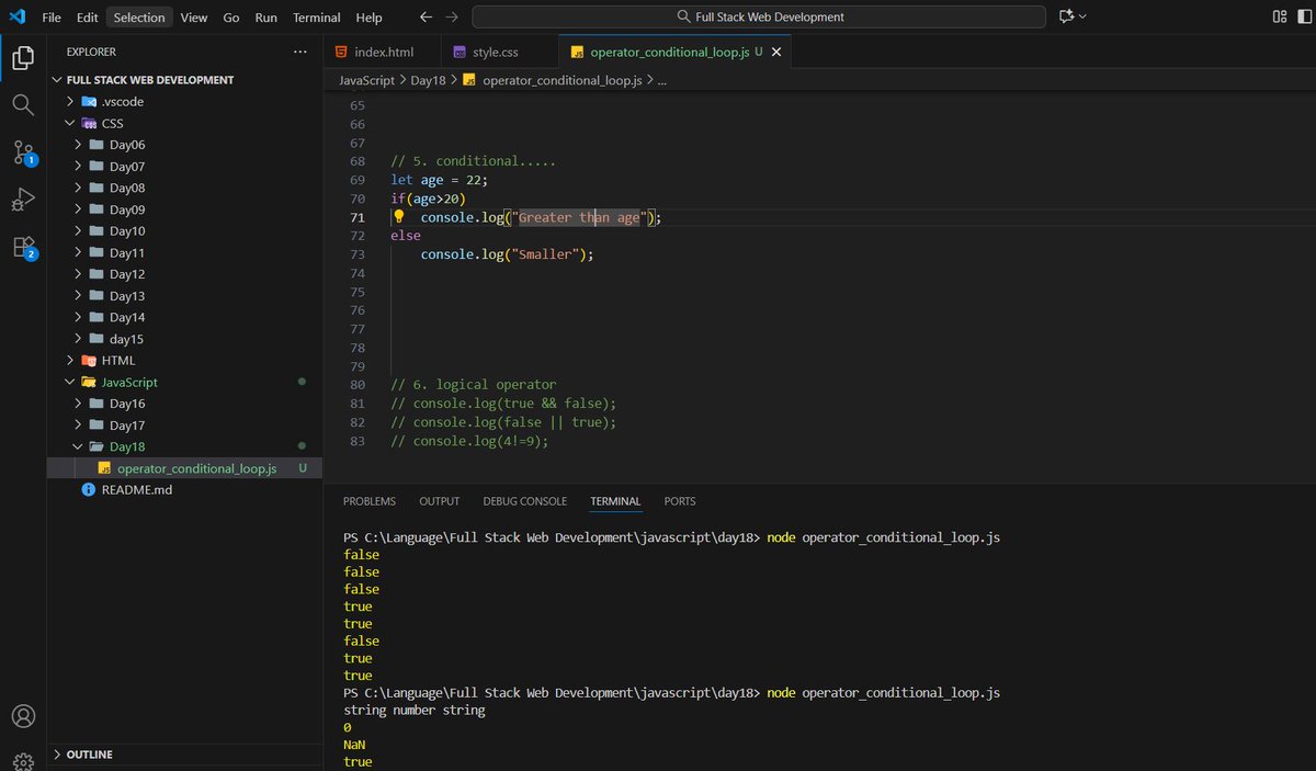 pawan_bisht777's tweet image. 17. JavaScript Core Concepts! ⚡ Operators &amp;amp; Control Flow
📍Topics:
✅ Arithmetic &amp;amp; Comparison Operators
✅ Type Conversion (Coercion)
✅ if-else  Statement
✅ For, While, Do-while Loops

Notes: notion.so/JS-Java-Script…
GitHub: github.com/IamPawan777/Fu…

#JavaScript #Coding #WebDev