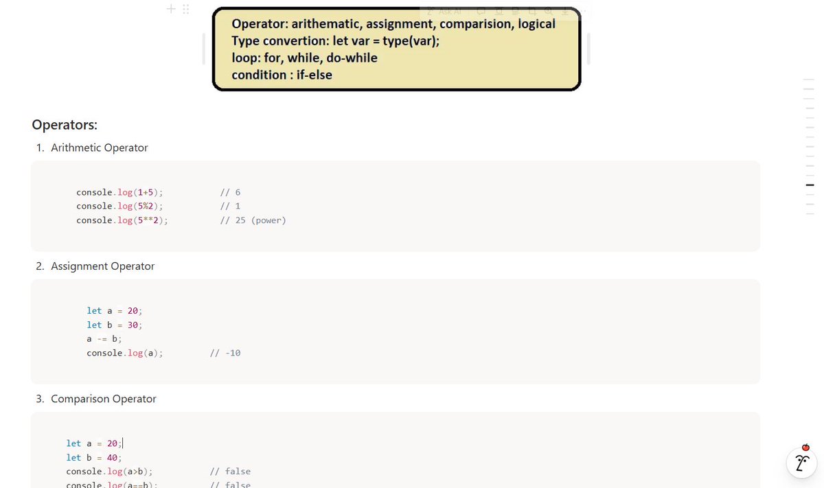 pawan_bisht777's tweet image. 17. JavaScript Core Concepts! ⚡ Operators &amp;amp; Control Flow
📍Topics:
✅ Arithmetic &amp;amp; Comparison Operators
✅ Type Conversion (Coercion)
✅ if-else  Statement
✅ For, While, Do-while Loops

Notes: notion.so/JS-Java-Script…
GitHub: github.com/IamPawan777/Fu…

#JavaScript #Coding #WebDev