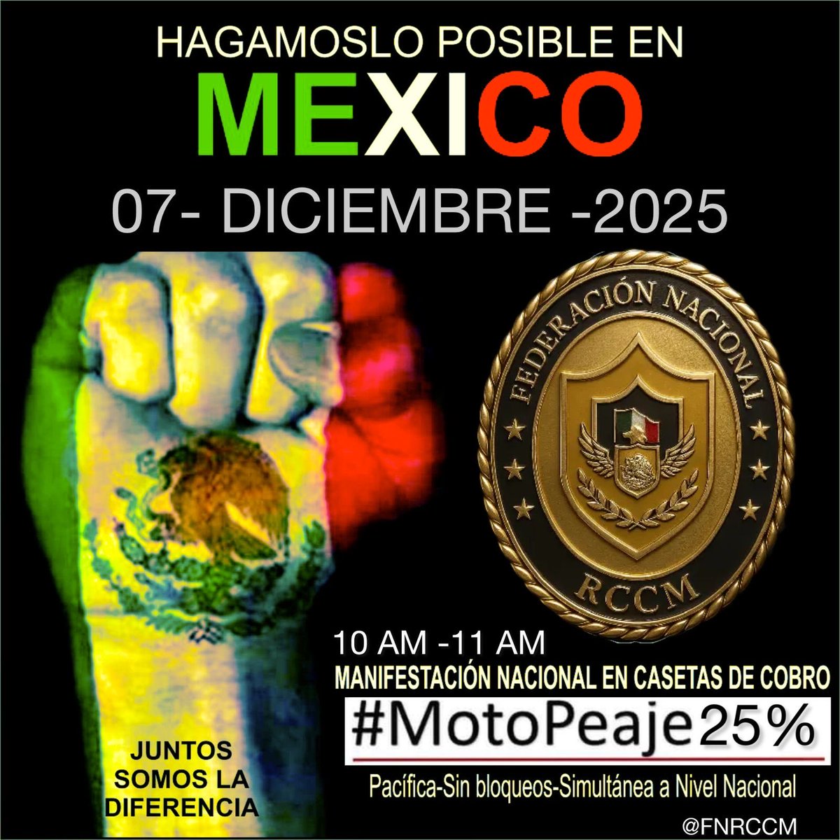 7 diciembre 10am en todas las casetas de <a href="/GobiernoMX/">Gobierno de México</a> por un pago equitativo <a href="/Mx_Diputados/">H. Cámara de Diputados</a>  <a href="/motolatino/">@motolatino</a> <a href="/motopeajecero/">MotoPeajeEquitativo</a>