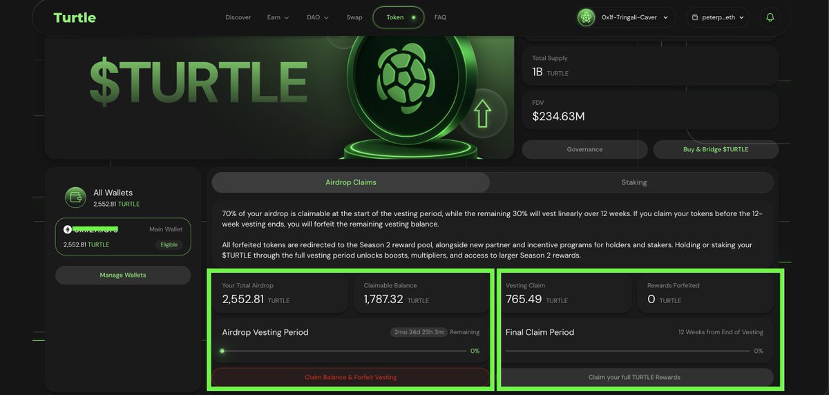 🟩 $TURTLE Airdrop วันนี้ผมเลือก “เคลมเลย” เอา 70% มาก่อน! เหรียญเหลือไว้ไม่รู้จะคุ้มไหม 🐢💰 
.
🔗 Claim : app.turtle.xyz/token
.
หลายคนถามว่า “ควรเคลม $TURTLE ตอนนี้ หรือรอครบ vesting ดีกว่า ?”
.
คำตอบคือ ➜ แล้วแต่สไตล์การรับความเสี่ยงของแต่ละคนครับ 👇
.
📦 ระบบ Vesting ของ
