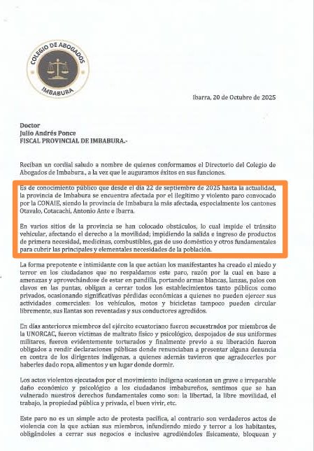 ecuainm_oficial's tweet photo. ‼️#URGENTE
Colegio de Abogados de Imbabura presentó una denuncia en contra de dirigentes indígenas y miembros de la Conaie, Unorcac, FICI, Pueblo Kichwa Otavalo, Pueblo Indígena Karanki, entre otros dirigentes de organizaciones indígenas y campesinas de la provincia, por el presunto cometimiento de delitos correspondientes a terrorismo, odio, paralización de servicios públicos, daño a bien ajeno, secuestro y tortura de militares, extorsión, lesiones, intimidación, daños a la naturaleza, en el marco del #ParoNacional2025. Asimismo, el organismo solicita que se investigue la participación y el grado de responsabilidad de las autoridades de la provincia, tanto al prefecto provincial como a los alcaldes de Cotacachi y Otavalo.
▶️ @WRadioEc