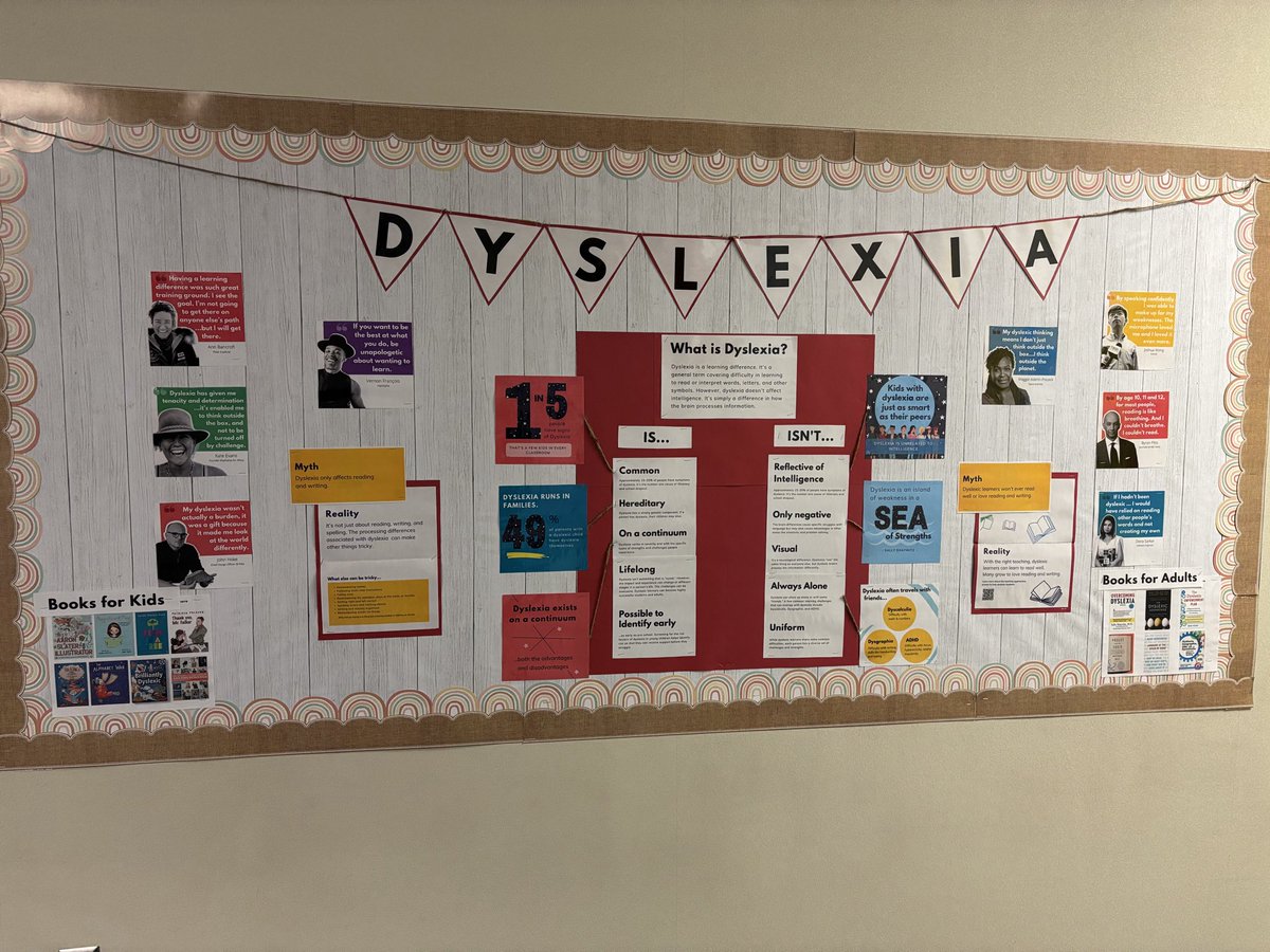 vpena24's tweet photo. My @Dyslexicbook bulletin board is catching lots of attention at @ReesStars!  Such great information for Dyslexia Awareness month. @AISD_SpecialSer #dyslexiaAliefProud https://t.co/7eI6brpceQ