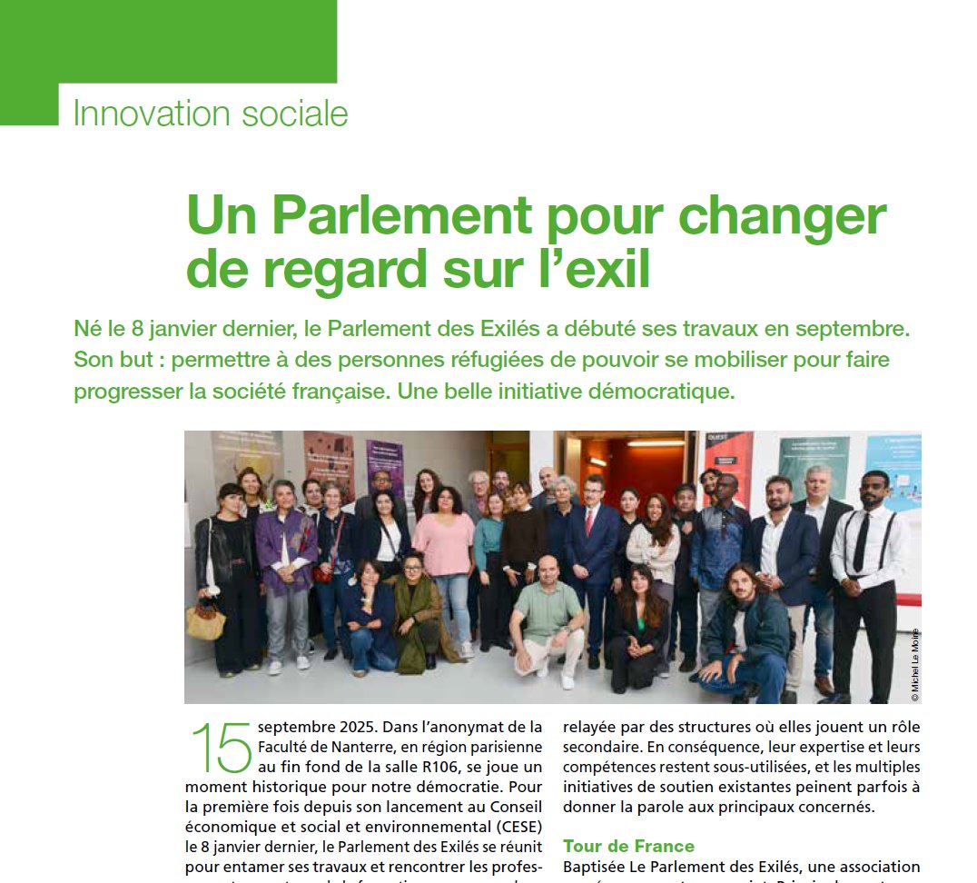 🚩Un Parlement pour changer de regard sur l’exil

🔎Son but : permettre à des personnes réfugiées de pouvoir se mobiliser pour faire progresser la société française. Une belle initiative démocratique.

Article en accès libre dans le dernier Union Sociale : buff.ly/rpb9XxO