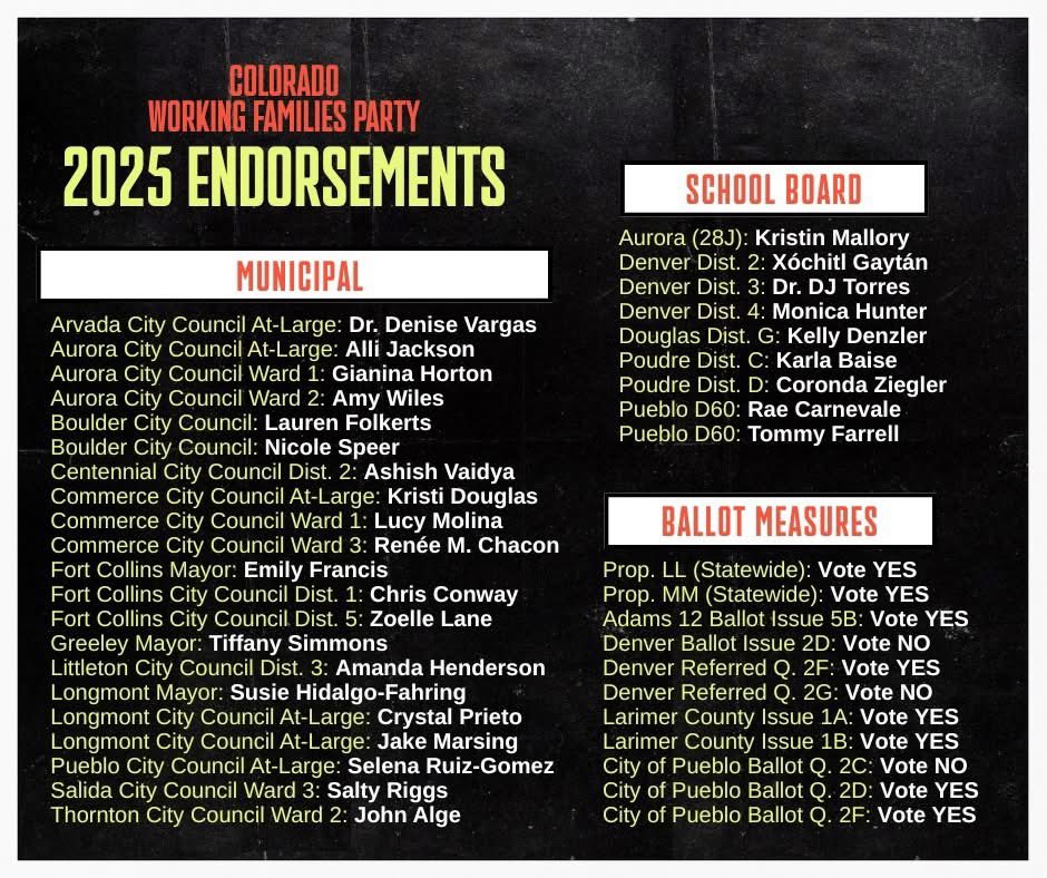 Lisa for Denver (@lisafordenver) on Twitter photo Big News: As the Co-Chair of <a href="/COWorkingFam/">Colorado Working Families Party 🐺</a>, we’re proud to announce NEW endorsements for bold champions fighting for working people across Colorado.
Check out our full list of endorsements and make your plan to vote! Big News: As the Co-Chair of <a href="/COWorkingFam/">Colorado Working Families Party 🐺</a>, we’re proud to announce NEW endorsements for bold champions fighting for working people across Colorado.
Check out our full list of endorsements and make your plan to vote!