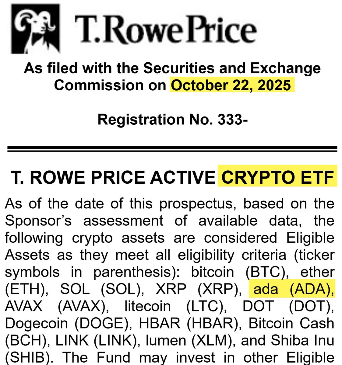 StakeWithPride's tweet image. 🚨 $ADA in Crypto ETF from top investment firm T. Rowe Price.