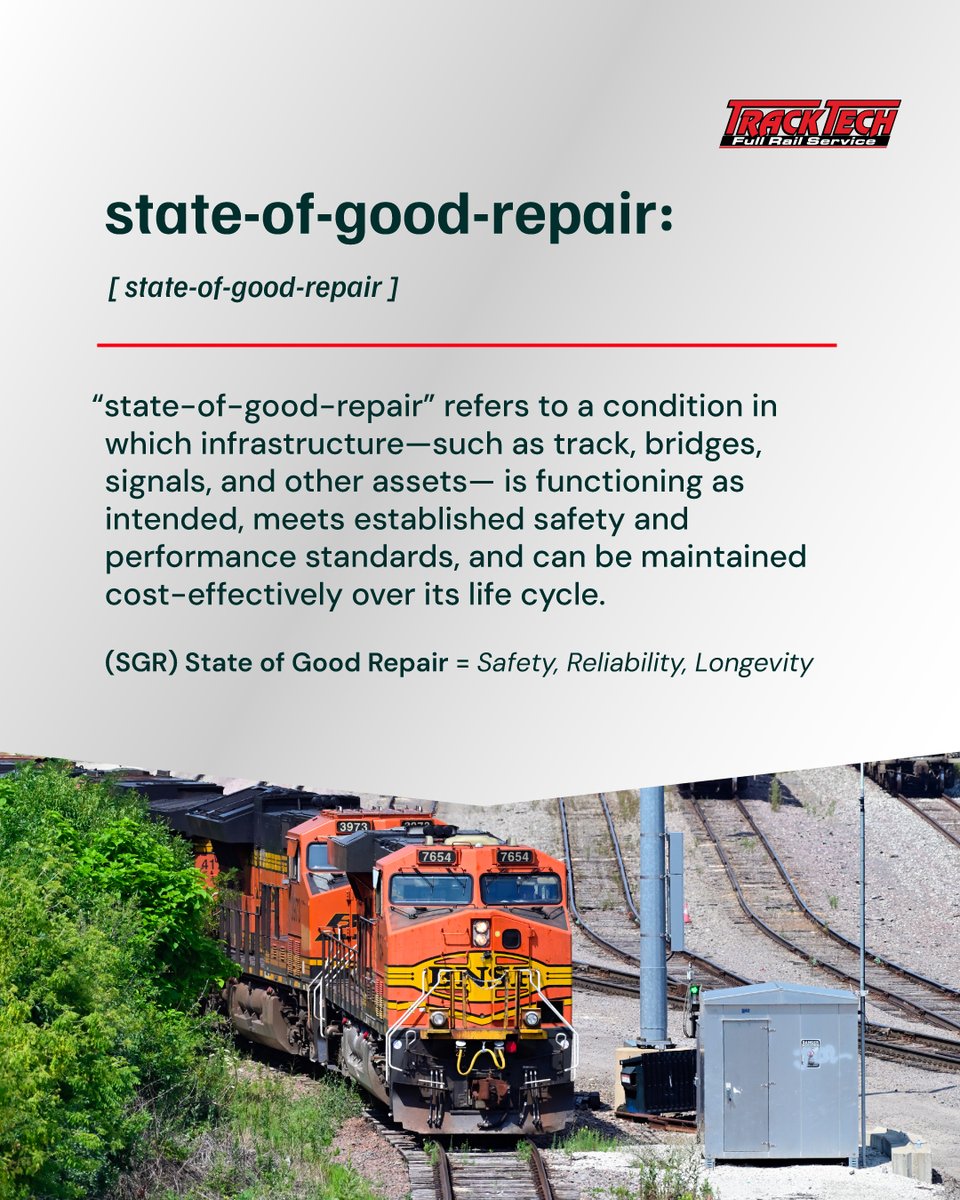 TrackTech_Inc's tweet image. A rail network in a State of Good Repair isn’t just compliant—it’s dependable, efficient, and built to last.
The result? Safer operations, fewer delays, and infrastructure ready for the future.
#StateOfGoodRepair #RailMaintenance #TrackTechInc #RailSafety #RailInfrastructure