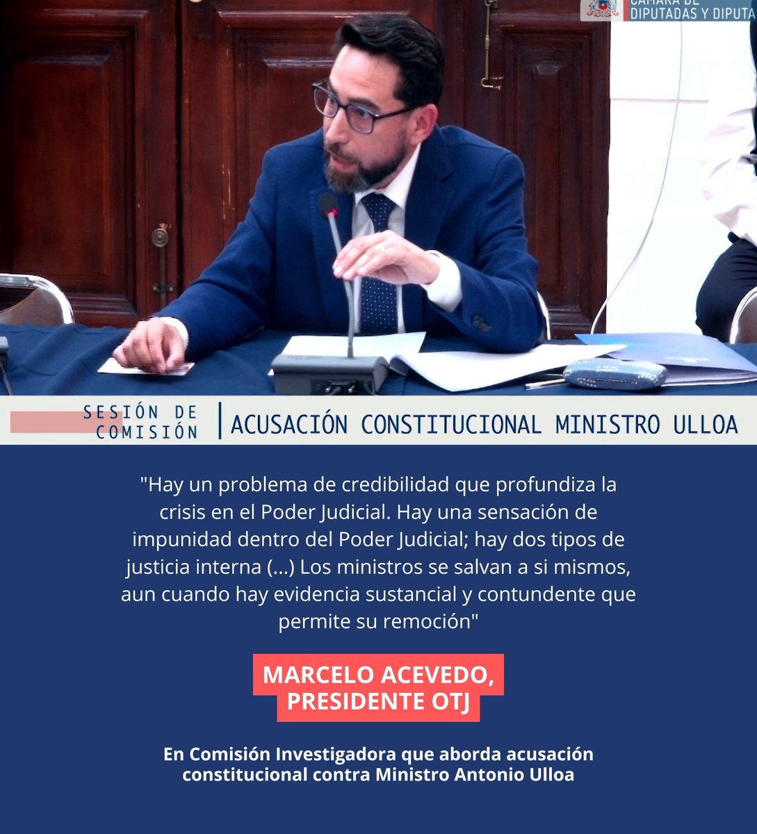 "Hay un problema de credibilidad que profundiza la crisis en el Poder Judicial. Hay una sensación de impunidad dentro del Poder Judicial..." <a href="/Marceloandresav/">Marcelo Acevedo</a>, Presidente OTJ, en Comisión Investigadora de Acusación Constitucional contra #Ministro #Ulloa
