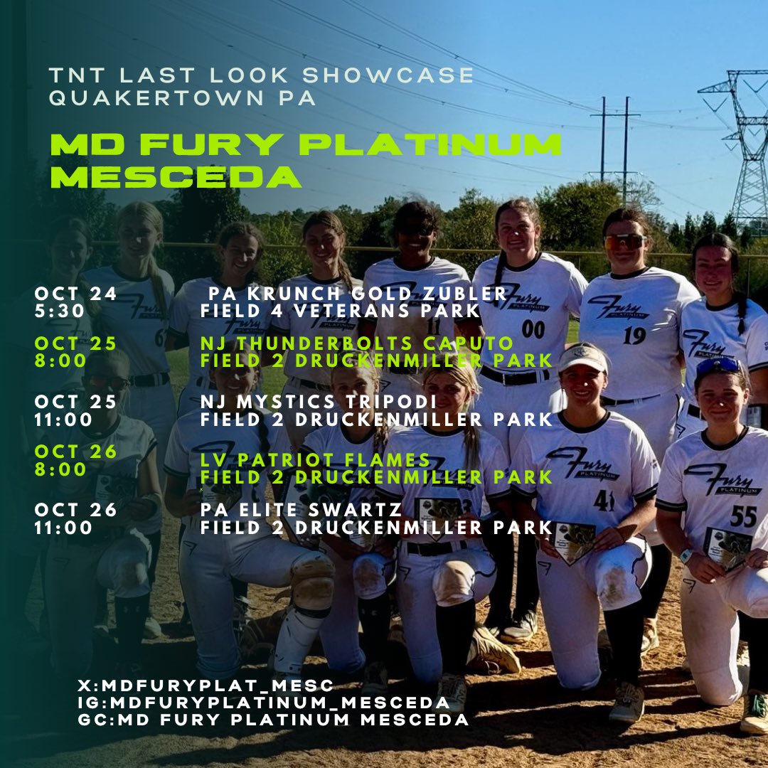 Headed your way to Quakertown Pa for the TNT Last Look Showcase this weekend 
#platinumproud 
<a href="/MDFuryPlatinum/">MD Fury Platinum</a> 
<a href="/FuryPlatinum/">FuryPlatinumSoftballClub</a> 
<a href="/SoftballDown/">Down South Softball</a> 
<a href="/SBRRetweets/">Softball Recruiting Reposts</a>