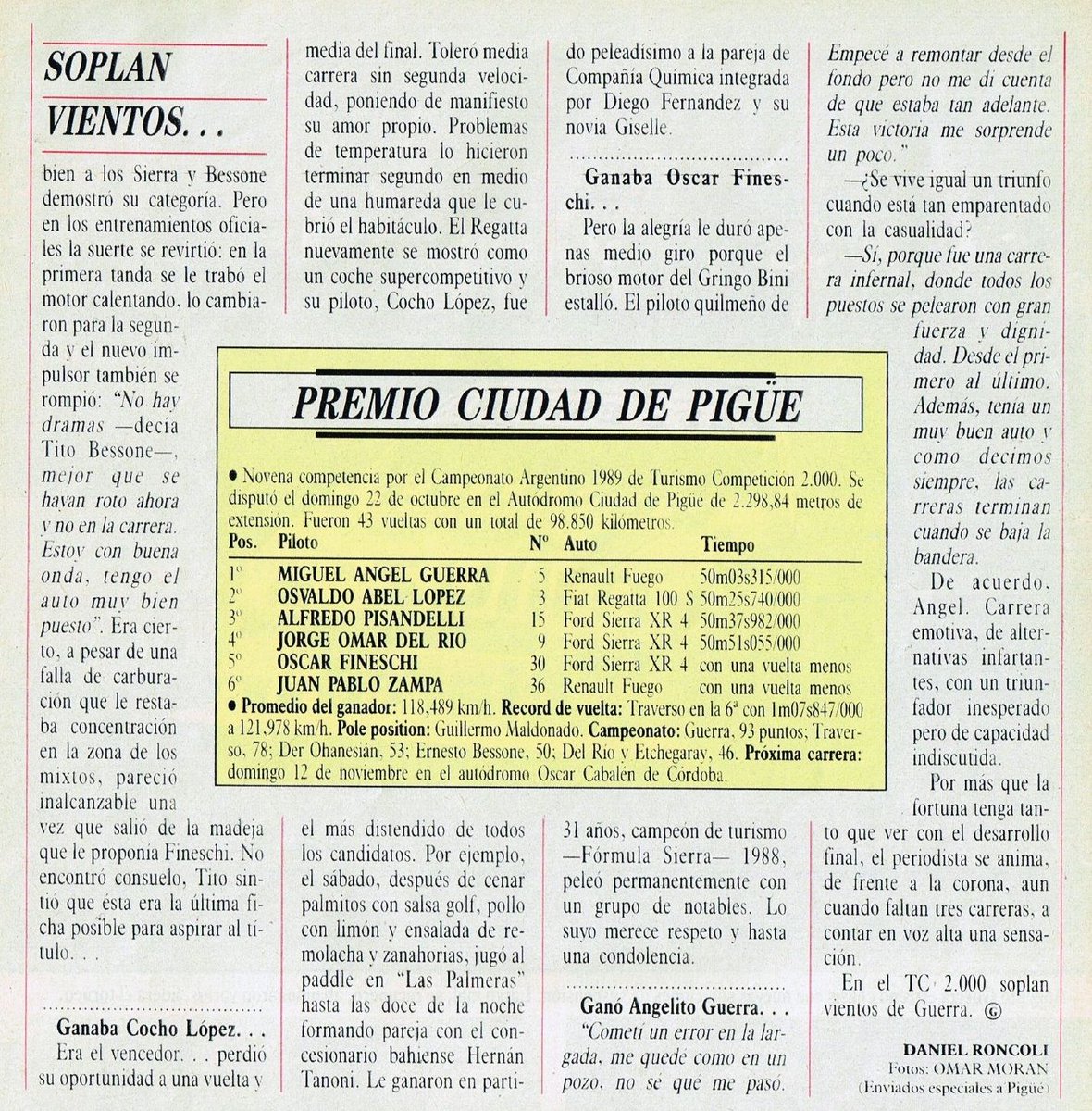 22 de Octubre de 1989, corría el TC 2000 en Pigüe 🏁

SOPLAN VIENTOS DE GUERRA
"El piloto de Renault ganó una carrera emotiva que tuvo cinco punteros: Maldonado, Traverso, Bessone, Cocho López y Fineschi. La fortuna y la capacidad le dieron la punta"

El Gráfico