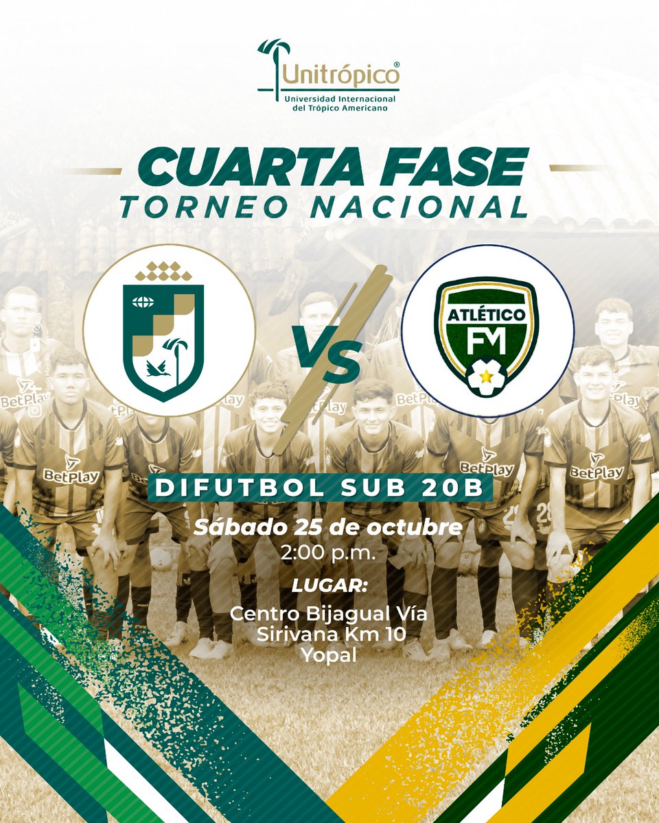 💚⚽ ¡Unitrópico Sub-20 avanza en el Torneo Nacional Interclubes! 🏆⚽️ Se enfrenta a Atlético FM este sábado 25 de octubre, a las 2:00 p.m., en la Cancha de Bijagual – Yopal. 

¡Apoya a nuestros jugadores! 💪

#Unitrópico #TorneoNacionalInterclubes
