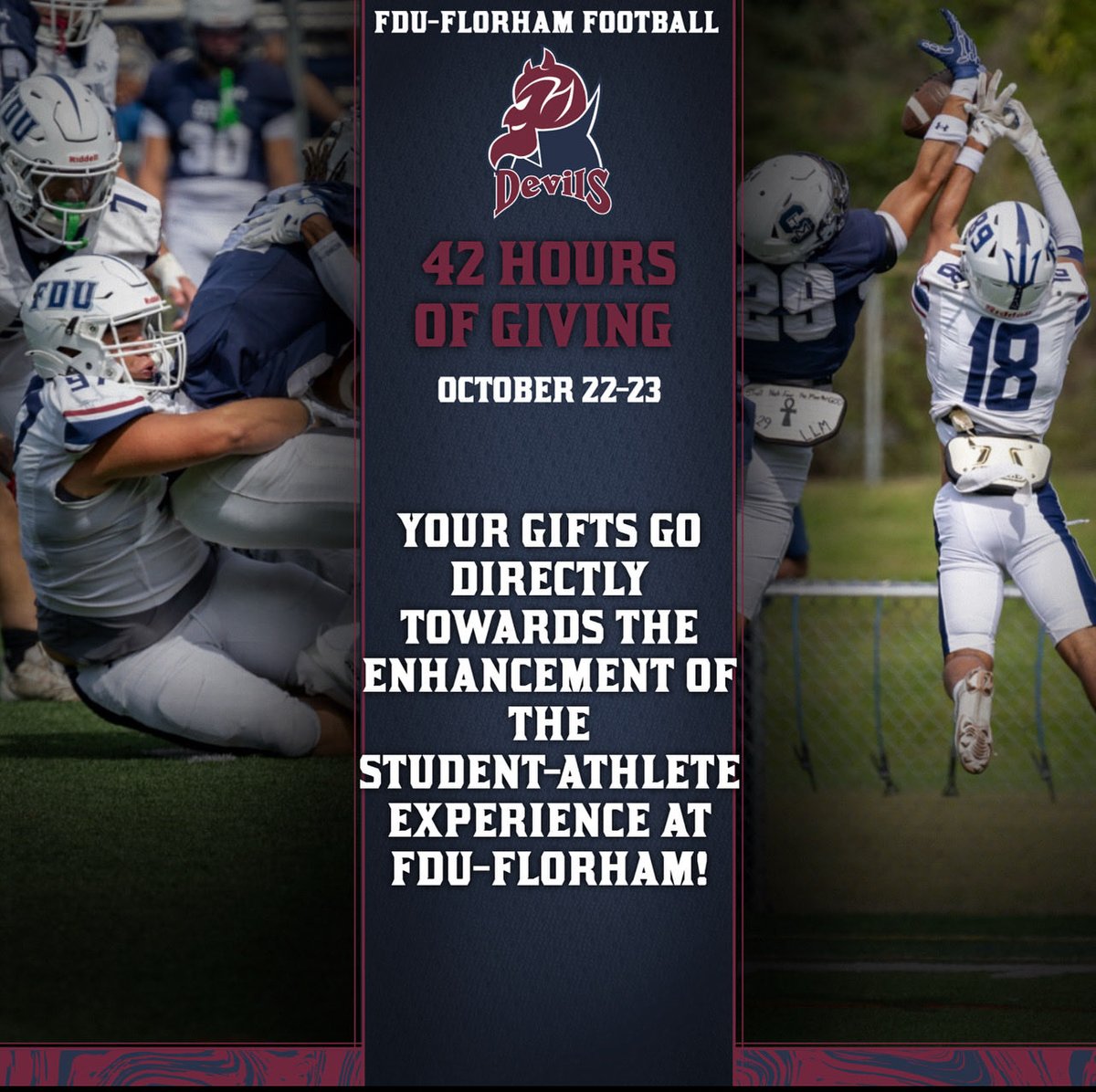 🕓 42 HOURS OF GIVING IS HERE! 

Support FDU Football during this year’s 42 Hours of Giving — October 22–23! 🏈 

Click the link below or visit the link in our bio to make your gift :
🔗 givecampus.com/schools/Fairle…
