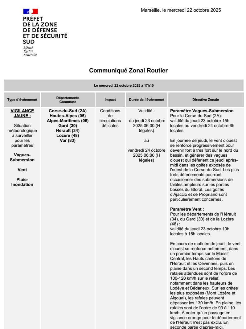 cezocsud's tweet image. Communiqué zonal routier - Vigilance JAUNE situation météorologique à surveiller pour les paramètres Vagues Submersion, Vent, Pluie-Inondation - dépts 2A 05 06 30 34 48 et 83