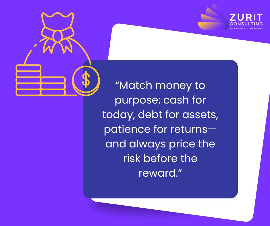 💡 Finance Wisdom
"Match money to purpose: cash for today, debt for assets, patience for returns—and always price the risk before the reward."
#FinancialWisdom #ZuritConsulting #MoneyManagement #RiskAndReward #InvestSmart #FinancialPlanning #PurposefulInvesting