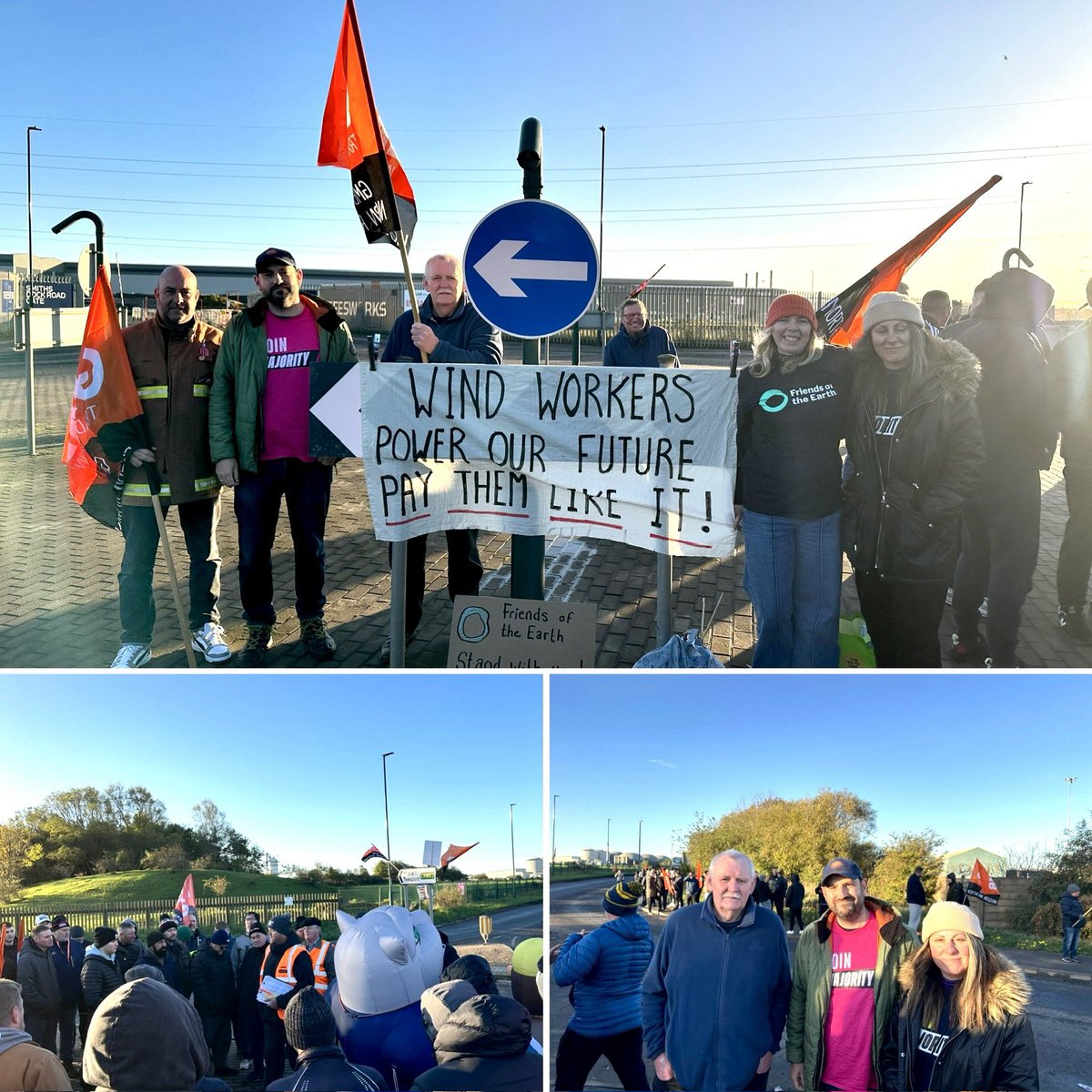Majority_uk's tweet photo. Teesside offshore wind workers strike! ✊🏼

Loads of @GMB_union members picketing today, fighting for fair pay and conditions. 

Majority supporting alongside @fburegion3, @SocialJParty, @friends_earth and @GreenpeaceUK members. 

Let’s fight for good green jobs in the North East https://t.co/RDg7xbJyk2