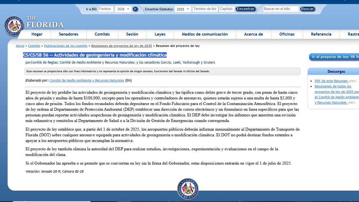 Abraham86064126's tweet image. ⚠️IMPACTANTE⚠️
El Senado de Florida aprueba una ley que prohíbe la modificación del clima y la geoingeniería, con penas de hasta 5 años de cárcel y 100000 $ de multa. 

“Florida no será un terreno de pruebas”. Un precedente histórico en EE.UU.

👇👇👇👇👇
flsenate.gov/Committees/bil…
