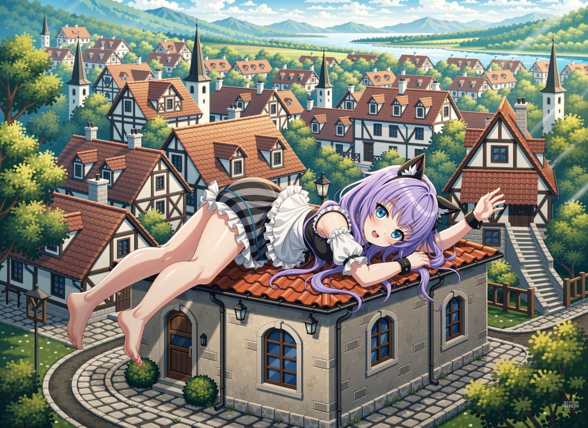 phyblas's tweet image. この家、猫が寝るには小さすぎにゃ。

#AIart #猫耳 #巨大娘 #FLUX1